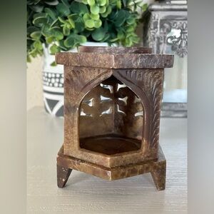 Carved Brown floral natural Soapstone Wax Oil Melt Tea light warmer Brown Stone